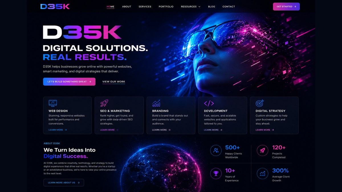 Futuristic D35K digital agency website preview with neon blue and magenta graphics